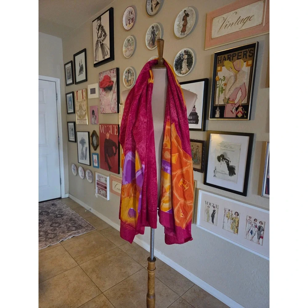 Hand Painted Silk Mandala Scarf Oversized Fuchsia Pink Orange Sun Wrap Shawl